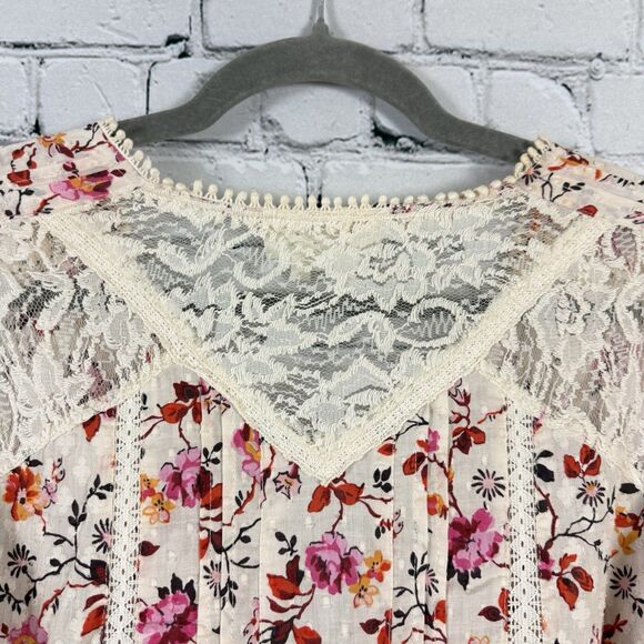 Anthropologie Puff Sleeved Lace Buttondown Top Blouse Multi Floral Boho - Picture 14 of 16